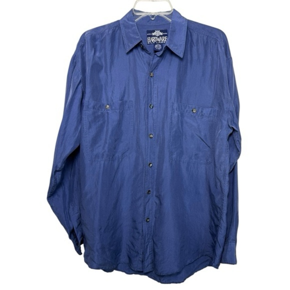 Vintage 80s 90s Silk Button Down Shirt Size Medium Blue Relaxed Casual Summer